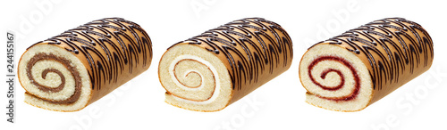 Fotomural Sponge cake roll isolated on white background, with chocolate, vanilla and berry