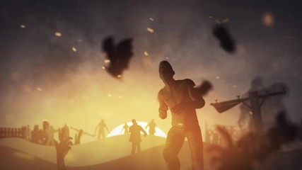 Wall Mural - zombie holiday at sunset 4k loop features a camera zooming through a scene of zombie silhouettes, sm