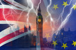 No Deal BREXIT conceptual image of lightning over London and UK and EU flags symbolising destruction of agreement