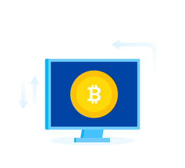 Poster - Bitcoin coin on computer screen, flat cartoon design concept of cryptocurrency mining, bitcoin electronic money wallet, e-wallet cash. Modern flat style vector illustration