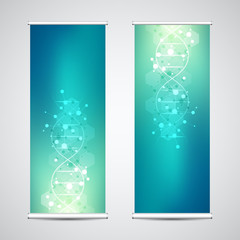 Wall Mural - Roll up banner stands with DNA strand and molecular structure. Genetic engineering or laboratory research. Abstract geometric texture for medical, science and technology design.