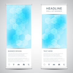 roll up banner stands with abstract geometric background of hexagons pattern.