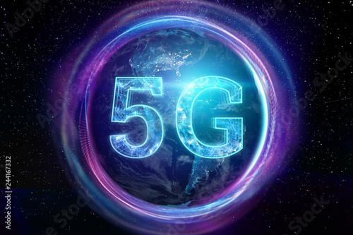 Creative background, the inscription 5G on the background of the globe