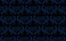 Seamless Woodblock Printed Indigo Dye Ethnic Pattern. Traditional European Folk Motif With Ravens And Thistles, Navy Blue On Black Background. Textile Or Wallpaper Print.