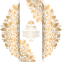 Gold and white vintage greeting card. Luxury vector ornament template. Great for invitation, flyer, menu, brochure, postcard, background, wallpaper, decoration, packaging or any desired idea. 