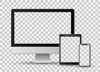 Beautiful realistic vector template set on transparent background of a modern black colored smartphone, a tablet and a computer screen with transparent screens.