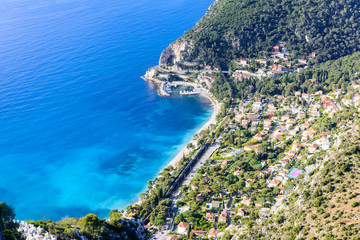 Wall Mural - Beautiful aerial view of the coastline with blue water, Eze town, Cote d'azur, France