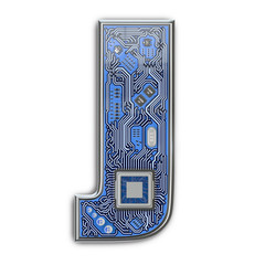 Poster - Letter J.  Alphabet in circuit board style. Digital hi-tech letter isolated on white.