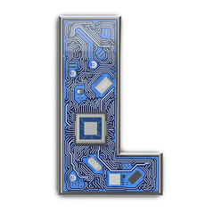 Poster - Letter L.  Alphabet in circuit board style. Digital hi-tech letter isolated on white.