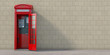 Red phone booth with hanging receiver on wall background. London, british and english symbol. Anonymous call concept.
