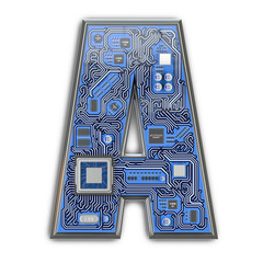 Poster - Letter A.  Alphabet in circuit board style. Digital hi-tech letter isolated on white.
