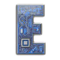 Poster - Letter E.  Alphabet in circuit board style. Digital hi-tech letter isolated on white.