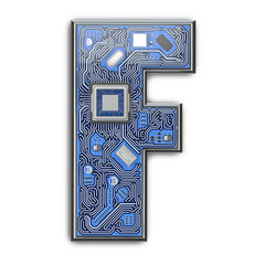 Poster - Letter F.  Alphabet in circuit board style. Digital hi-tech letter isolated on white.