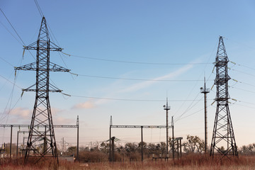 View of electrics, electric lines on the background of blue sky and good weather.