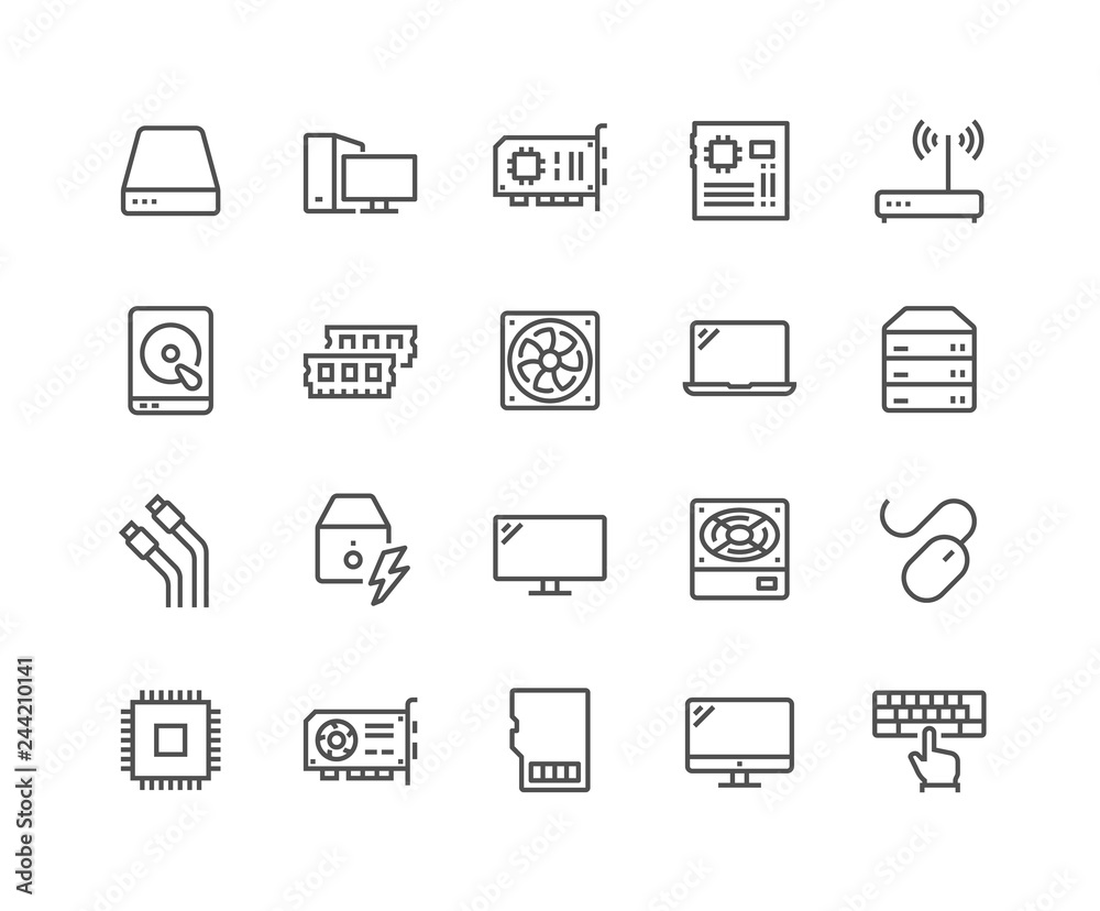 Simple Set of Computer Components Related Vector Line Icons. Contains such Icons as CPU, RAM, Power Adapter, Cables and more. Editable Stroke. 48x48 Pixel Perfect. - obrazy, fototapety, plakaty 