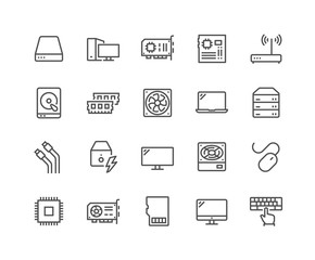 Simple Set of Computer Components Related Vector Line Icons. Contains such Icons as CPU, RAM, Power Adapter, Cables and more. Editable Stroke. 48x48 Pixel Perfect.