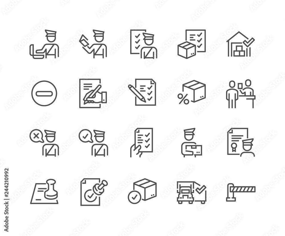 Simple Set of Customs Related Vector Line Icons. Contains such Icons as Declaration, Passport Control, Approve Stamp and more. Editable Stroke. 48x48 Pixel Perfect. - obrazy, fototapety, plakaty 