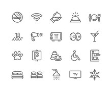 Simple Set Of Hotel Related Vector Line Icons. Contains Such Icons As One Large And Two Separate Beds, Air Conditioning, Wi-Fi And More. Editable Stroke. 48x48 Pixel Perfect.