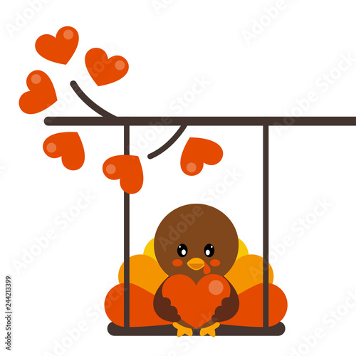 Cartoon Cute Turkey With Heart On A Swing And On A Lovely