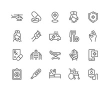 Simple Set Of Medical Assistance Related Vector Line Icons. Contains Such Icons As Wheelchair, Special Diet, Hospital Locator And More. Editable Stroke. 48x48 Pixel Perfect.