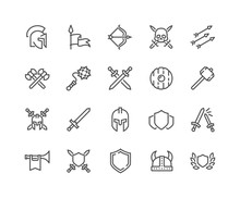 Simple Set Of Archaic War Related Vector Line Icons. Contains Such Icons As Helmet, Sword, Shield And More. Editable Stroke. 48x48 Pixel Perfect.
