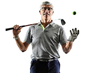 one caucasian senior man golfer golfing  in studio shadow silhouette isolated on white background