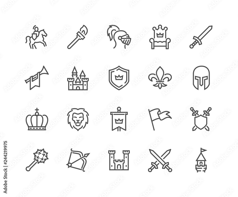 Simple Set of Medieval Related Vector Line Icons. Contains such Icons as Knight, Castle, Crown and more. Editable Stroke. 48x48 Pixel Perfect. - obrazy, fototapety, plakaty 