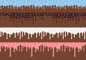 Aufkleber - Flowing Glaze with Sprinkles on Wafer Background. Vector Seamless Borders Design
