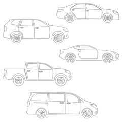 Sticker - Outline cars set. Side view. Different type of vehicles: sedan, suv, van, pickup, coupe, sport car. Vector illustration.