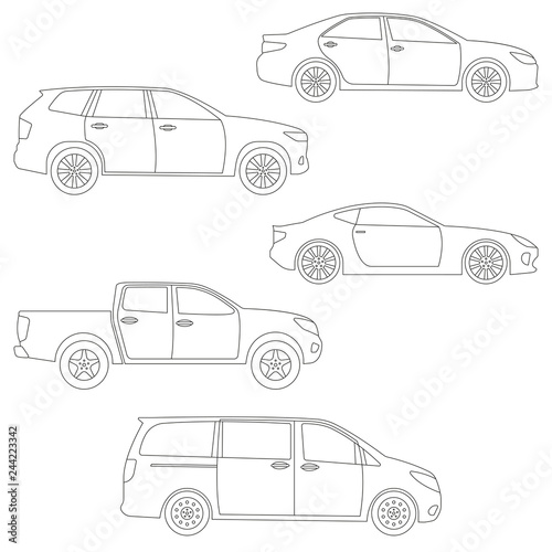 Outline Cars Set Side View Different Type Of Vehicles Sedan