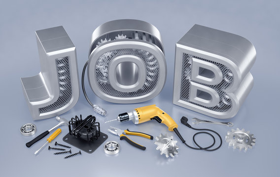 Repair Technician Job. Set of locksmith's / mechanic's tools and machine parts on reflective background in front of JOB word. 3D rendering graphic composition on the theme of 'Employment And Labour'.