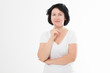 Aging middle age upset woman with wrinkles on face isolated. Stress and menopause. Copy space.