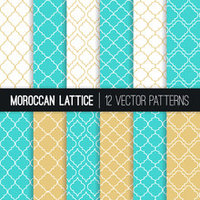 Turquoise Gold Moroccan Lattice Vector Patterns. Classic Quatrefoil Print. Elegant Aqua Blue And Golden Trellis Ornament. Vector Pattern Tile Swatches Included.