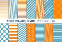 Turmeric Orange, Blue And White Polka Dot, Chevron And Diagonal And Horizontal Stripes Vector Patterns. Modern Minimal Backgrounds. Various Size Spots And Lines. Tile Swatches Included.