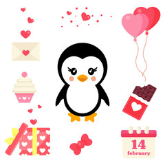 Wall Mural - valentines day cartoon penguin with valentines elements