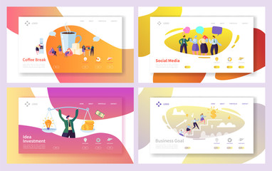Poster - business man social investment idea landing page set. office character coffee break time. creative c
