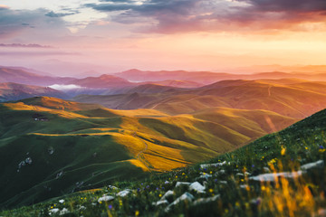 Dramatic sunset in Caucasus Mountains. Natural landscape in Karachay-Cherkessia, Russia