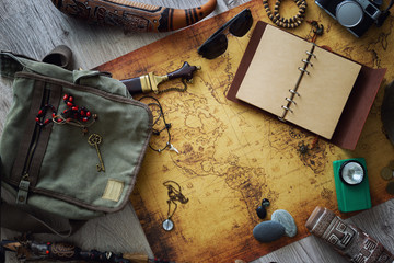 Aufkleber - Old map, vintage travel equipment and souvenirs from the travel around the world / place for your text
