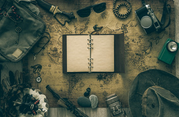 Aufkleber - Old map, vintage travel equipment and souvenirs from the travel around the world / place for your text