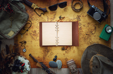 Aufkleber - Old map, vintage travel equipment and souvenirs from the travel around the world / place for your text