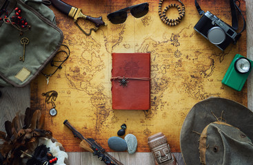 Aufkleber - Old map, vintage travel equipment and souvenirs from the travel around the world / place for your text