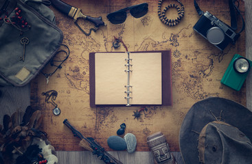 Aufkleber - Old map, vintage travel equipment and souvenirs from the travel around the world / place for your text