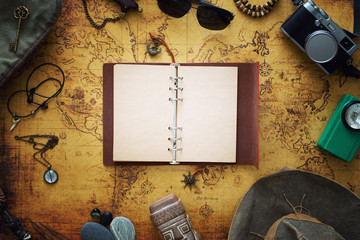 Aufkleber - Old map, vintage travel equipment and souvenirs from the travel around the world / place for your text