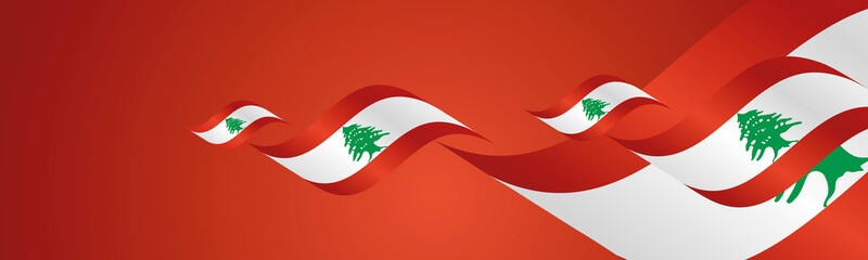 Lebanon Independence Day waving flags two fold red landscape background banner greeting card