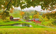 Overlooking A Peaceful New England Farm In The Autumn, Woodstock, Vermont, USA
