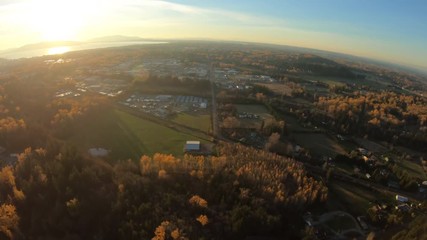 Wall Mural - Bellingham Washington Flying Over Rural Farmland Towards Sunset in Bay