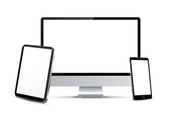 Poster - Set technology devices with white display, view from the side - vector
