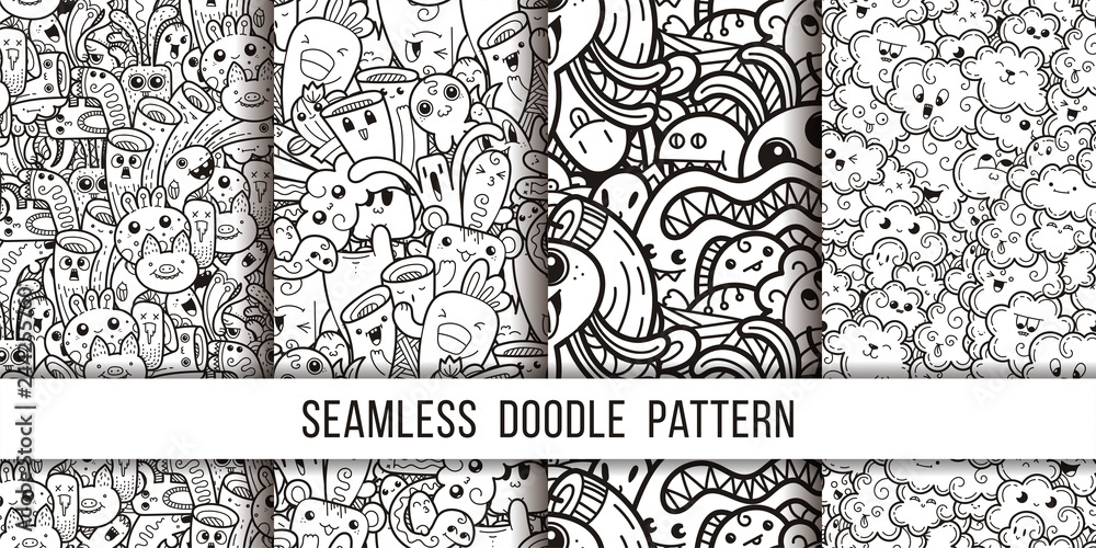 Collection of funny doodle monsters seamless pattern for prints, designs and coloring books - obrazy, fototapety, plakaty 