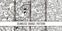 Collection Of Funny Doodle Monsters Seamless Pattern For Prints, Designs And Coloring Books