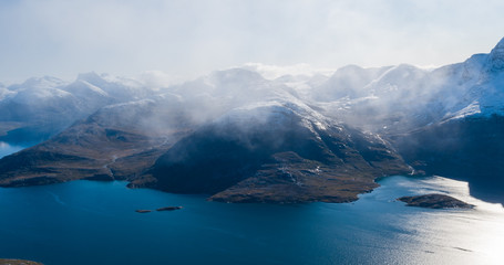 Wall Mural - mountain landscape nature aerial drone image showing amazing greenland landscape near nuuk of nuup k